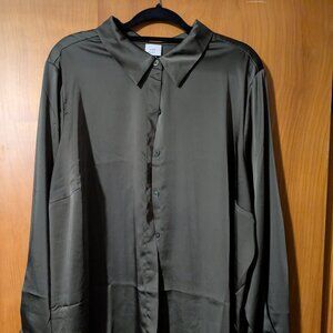 A New Day 2X Emerald Green Satin Button Down Blouse Career Top